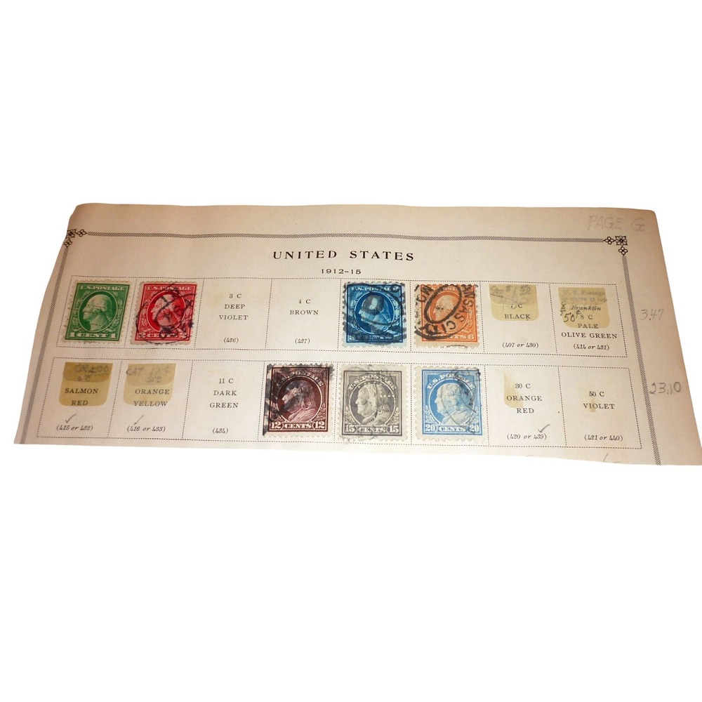Vintage 1912-1915 US Postage Stamp Collection Washington Franklin Album Page